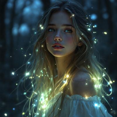 The primary subject of the image is a woman with long blonde hair. She is wearing a white dress and has a glowing aura around her. The setting is a forest, with trees in the background. The visual style is a digital art, creating a surreal and magical atmosphere. The colors are predominantly white and blue, with the woman's glowing aura adding a touch of warmth to the scene.